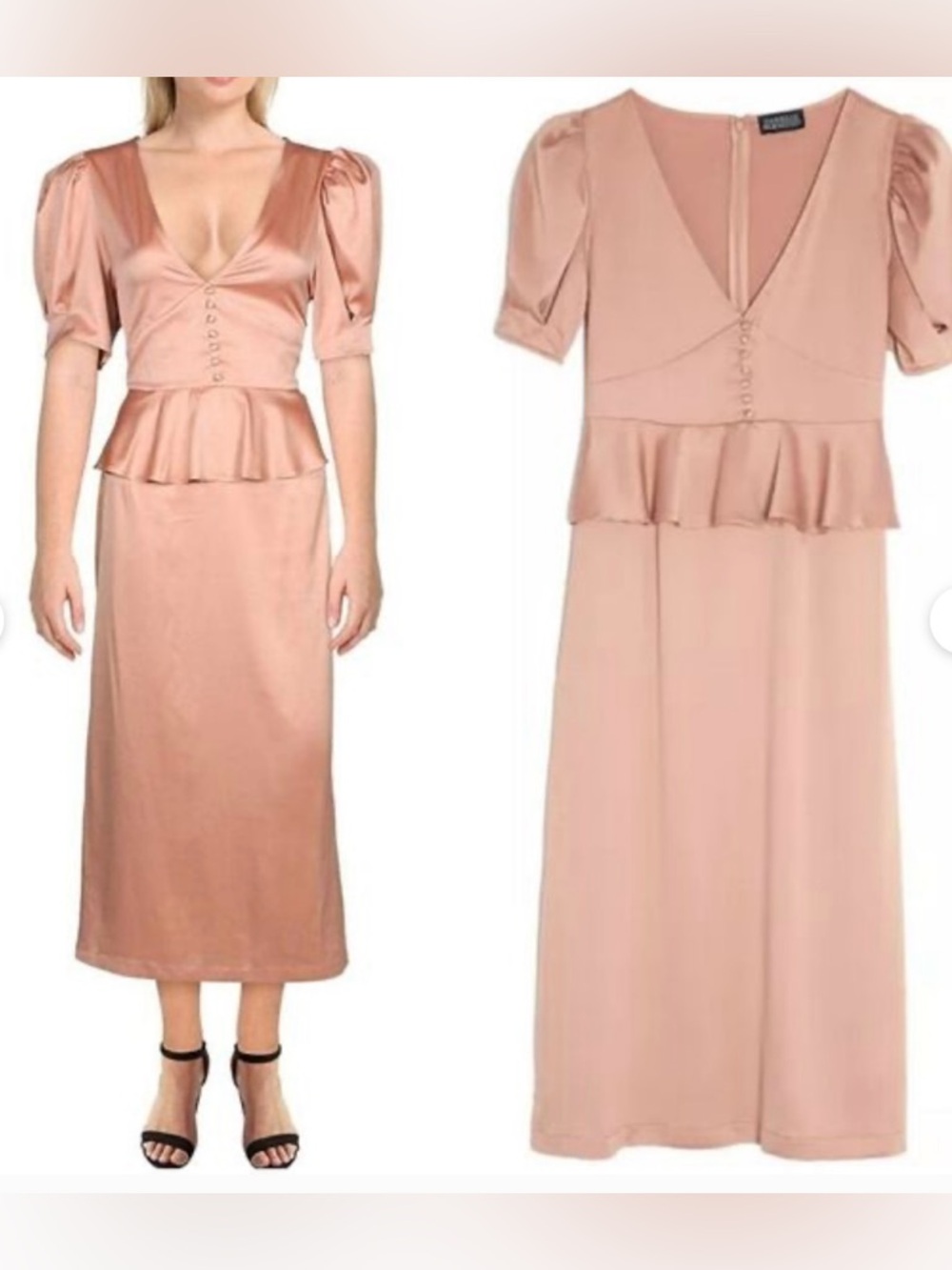 Daniel Bernstein Designer Pink Satin Peplum Sheath Midi Wedding Guest Dress 0